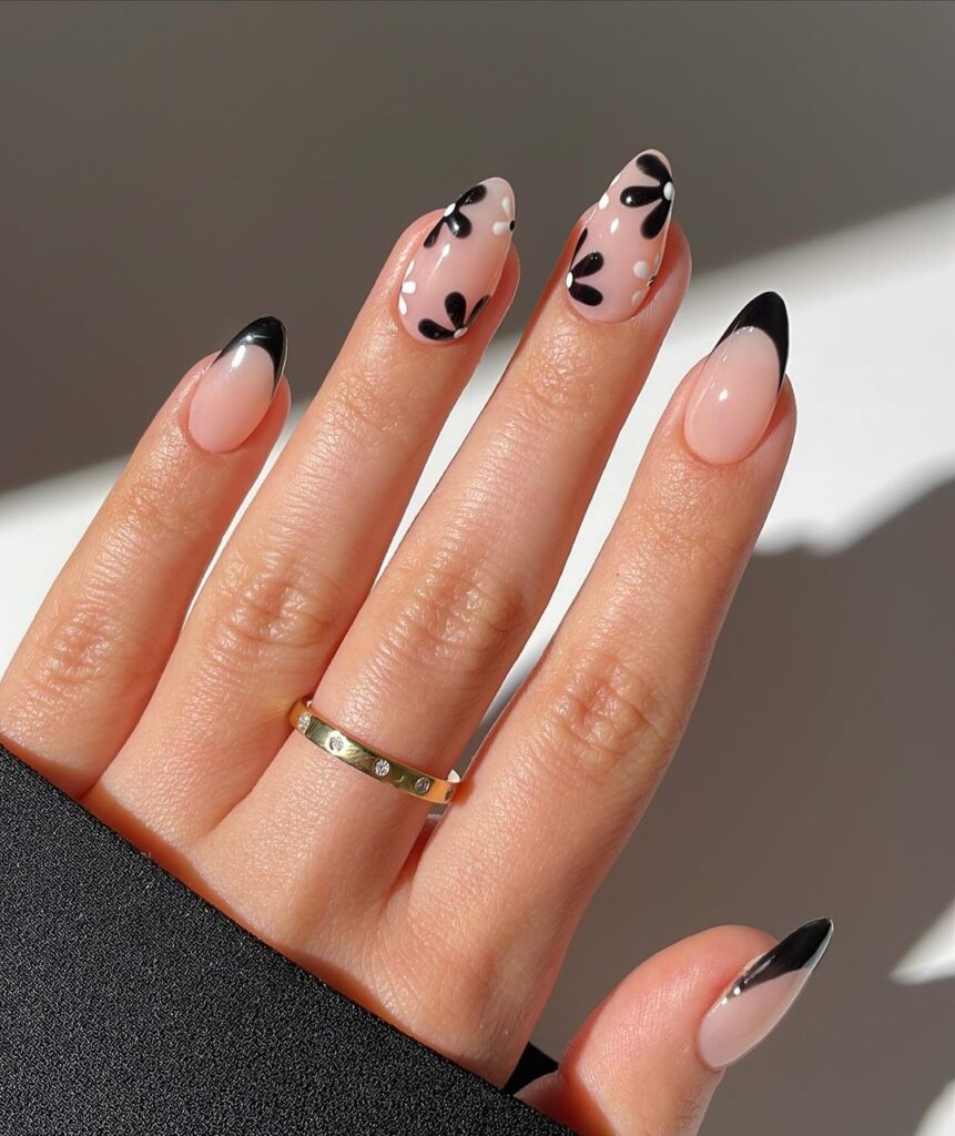 Almond Black Flowered Nails