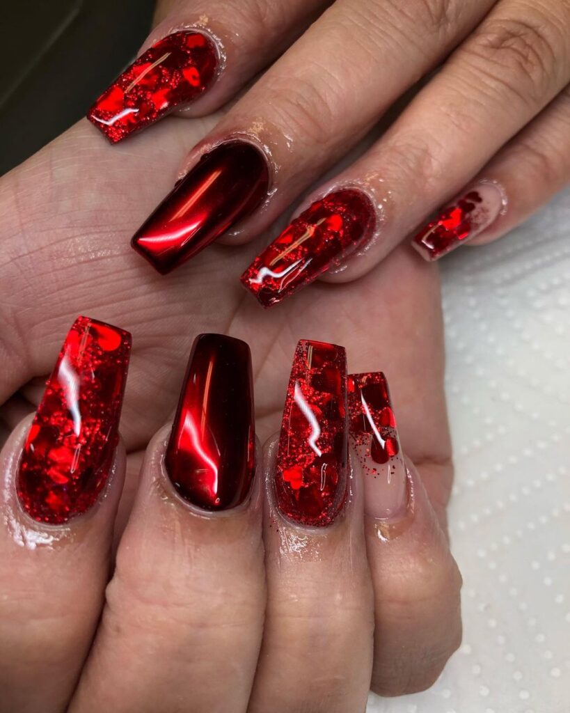 Vivid red nails black crystal flowers elegant sparkling