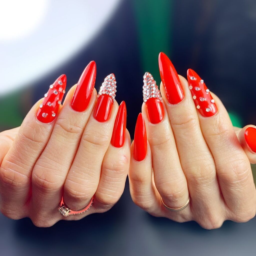 Red Almond Nails With Pearls