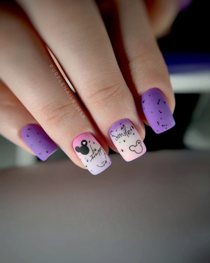 Short square purple nails with silver diamond stickers