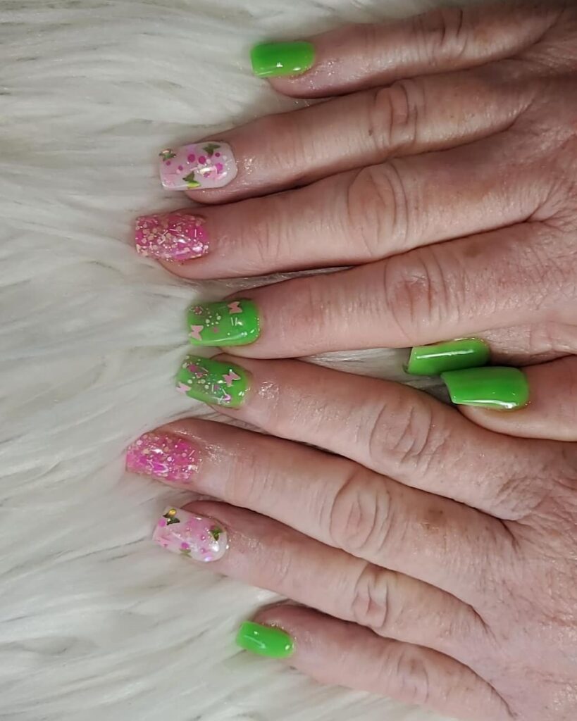 Pink Green Gel Nails