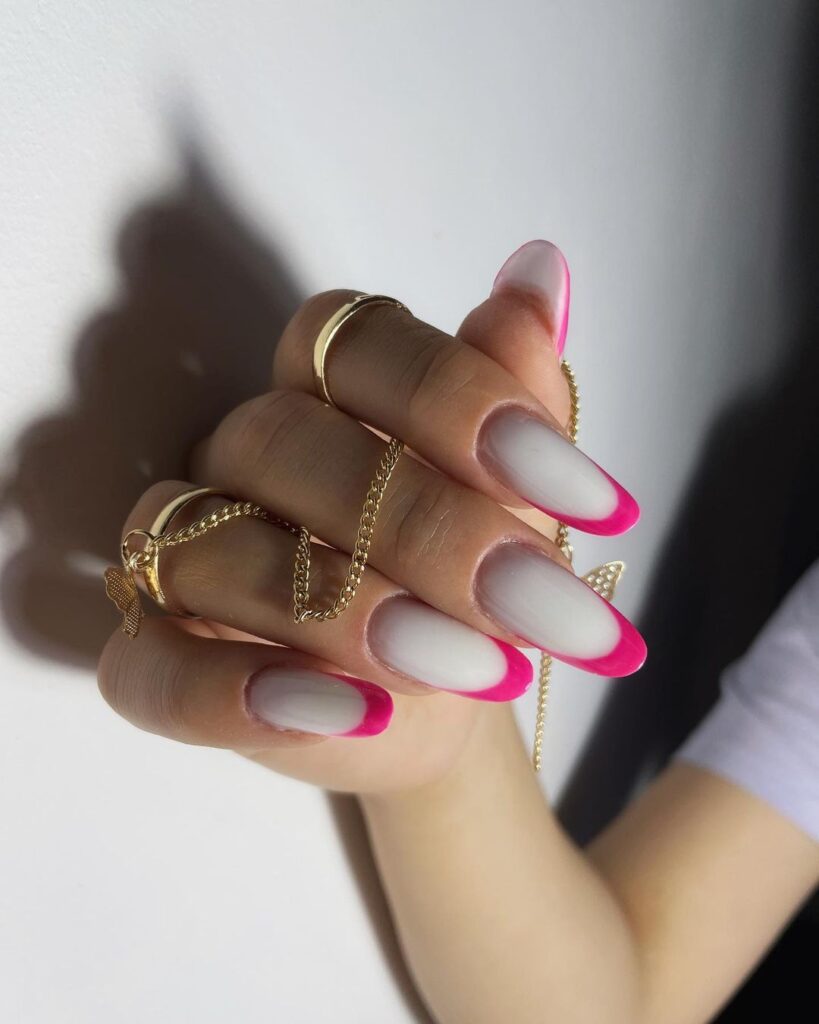 Almond-shaped nails with white French tips