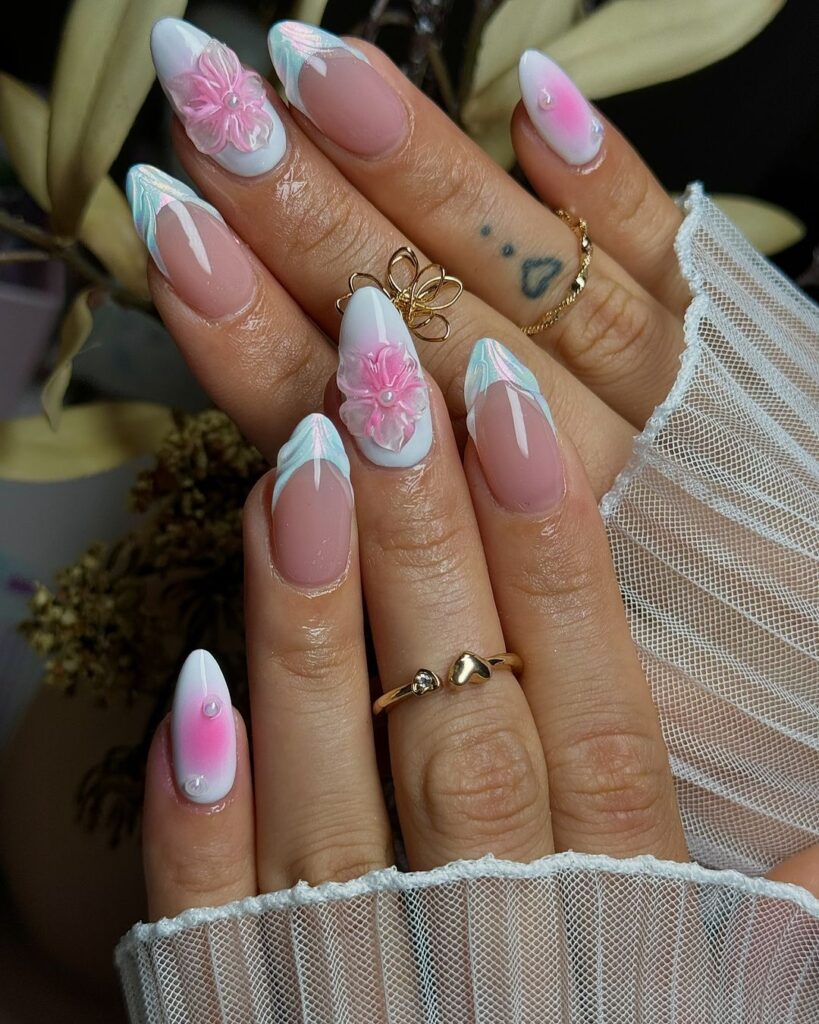 Almond nails with pink roses design