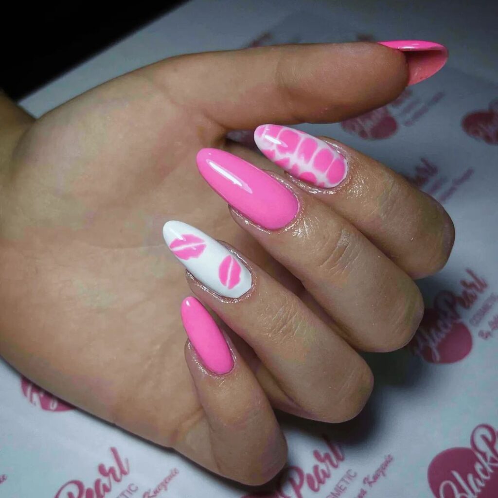 Bright pink almond-shaped glossy nails