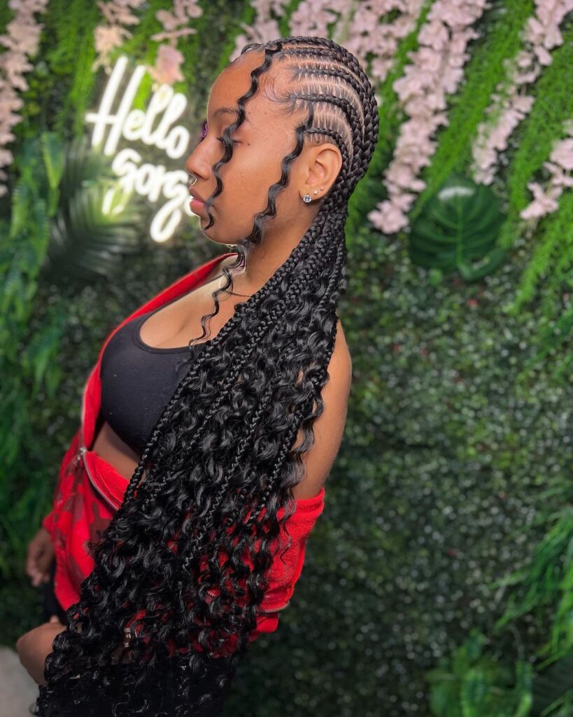 Box braids ending in spiral curls