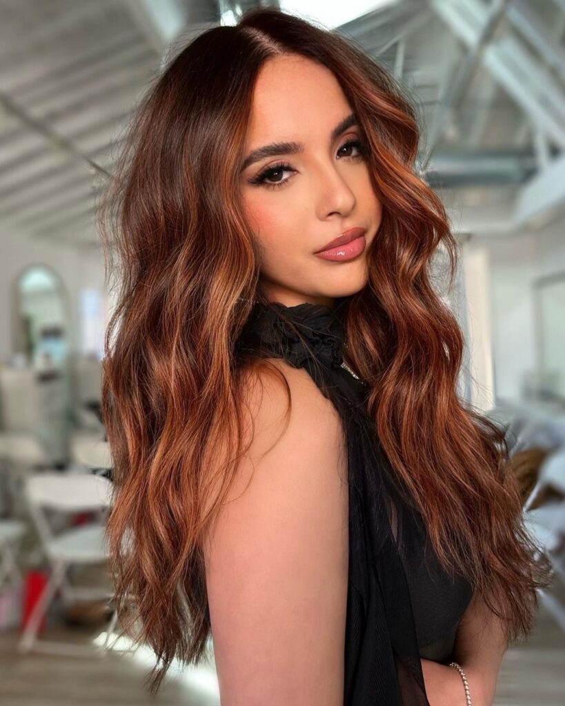 Brown hair with cinnamon-colored balayage highlights