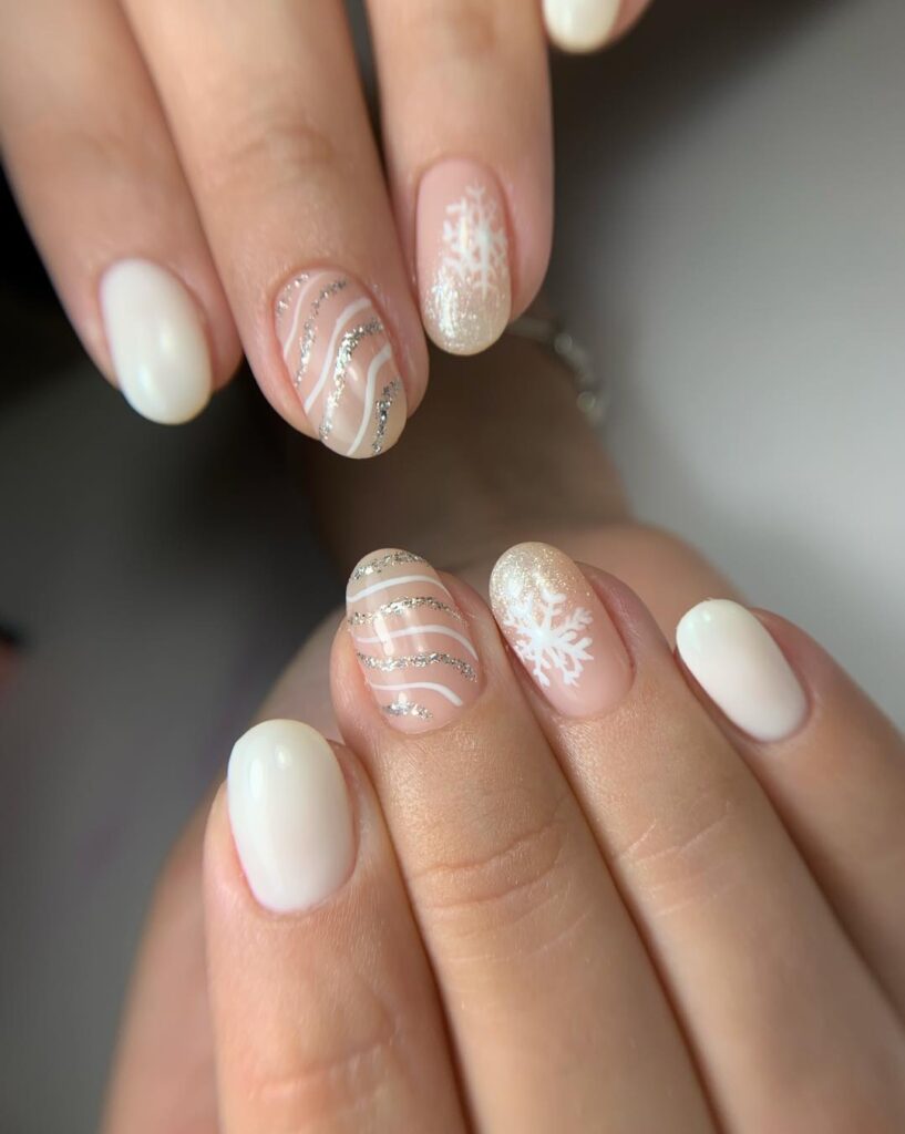 White almond nails with Christmas designs