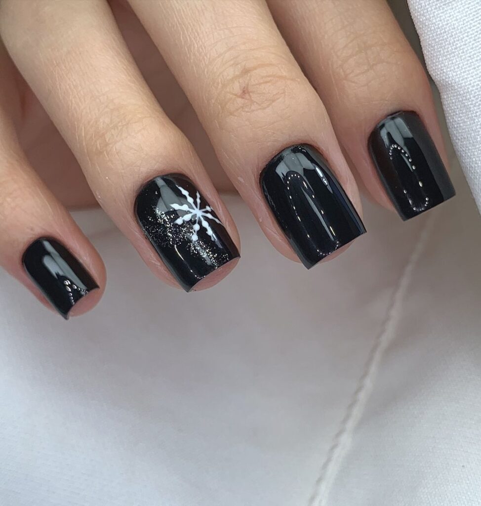 Black square nails with Christmas designs