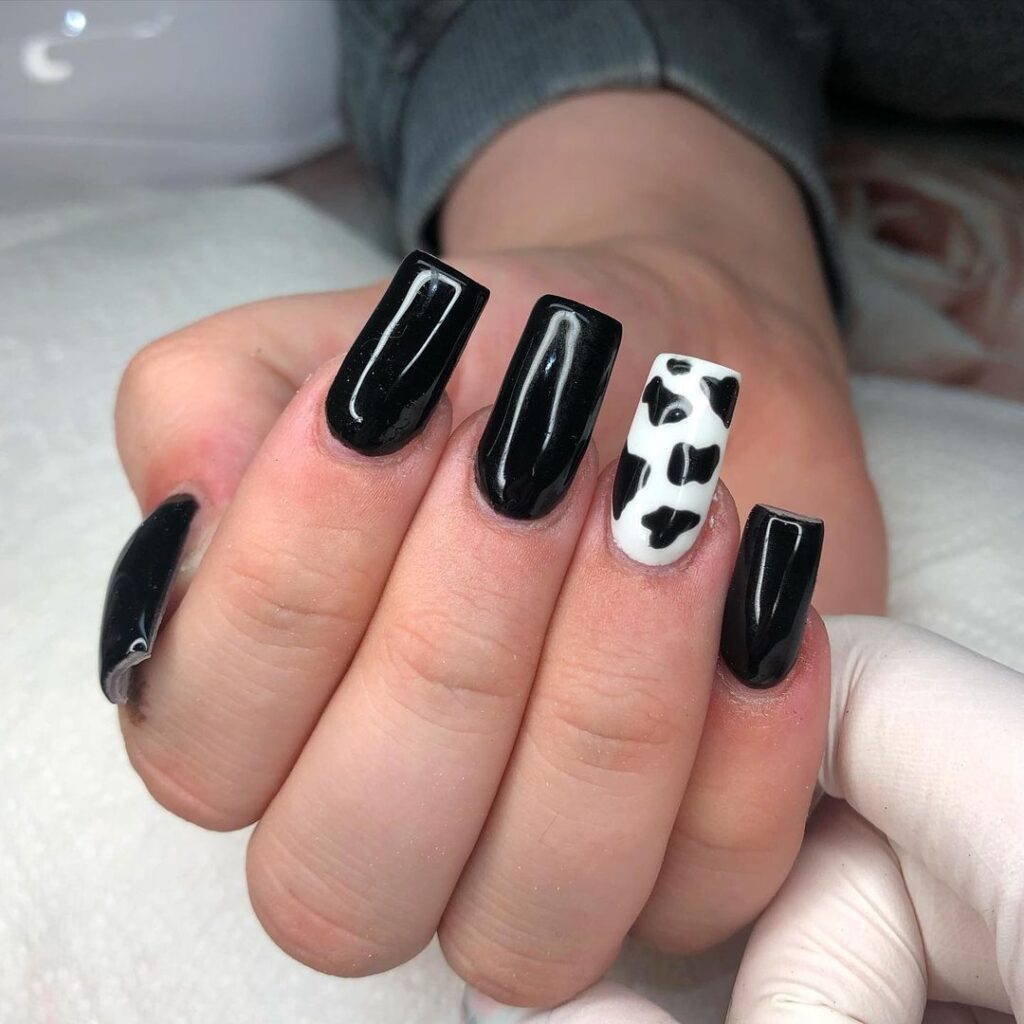 Black square nails with white spots