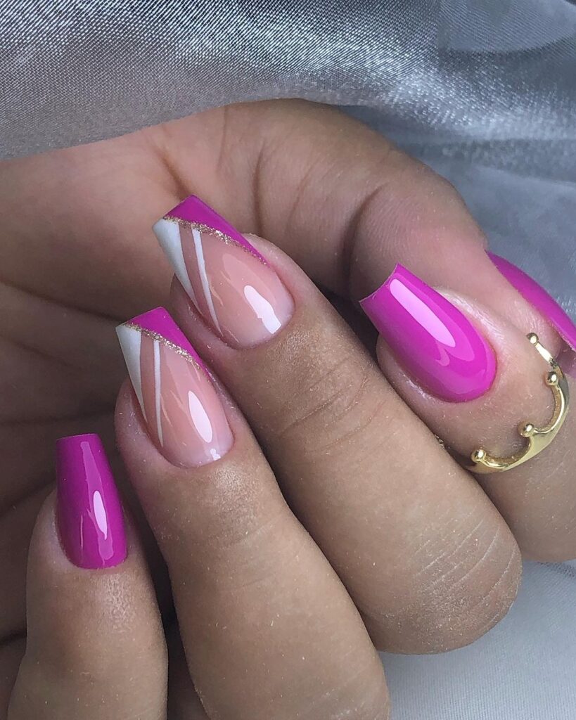 Bright fuchsia pink square nails design