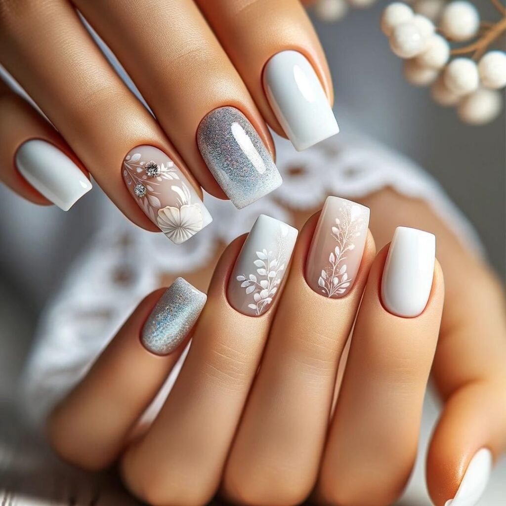 Short white nails with glittery flowers