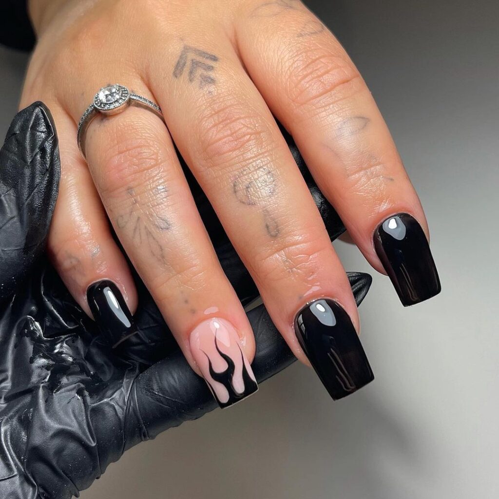 Black square nails with glossy flames