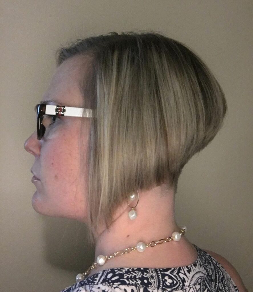 Angled bob, short back, glasses-compatible