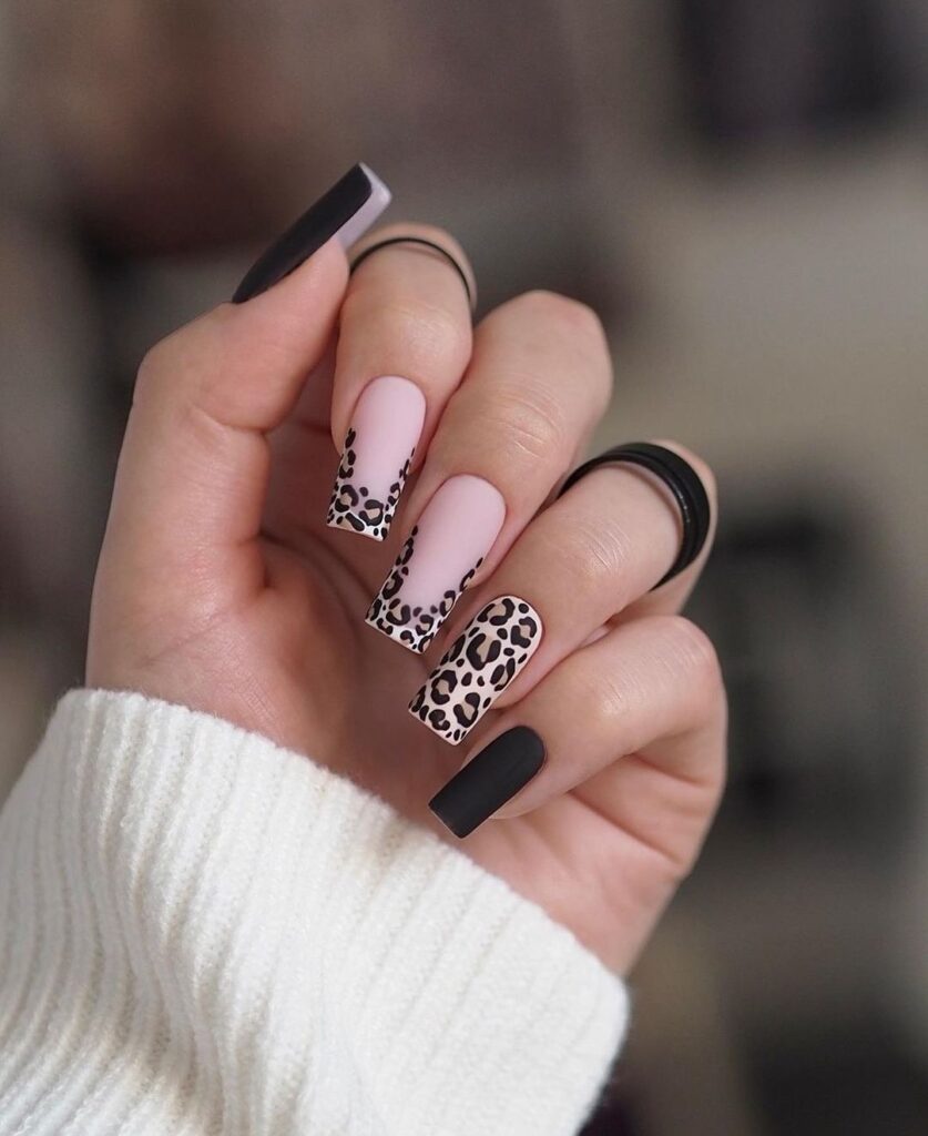 Black square nails with golden leopard print