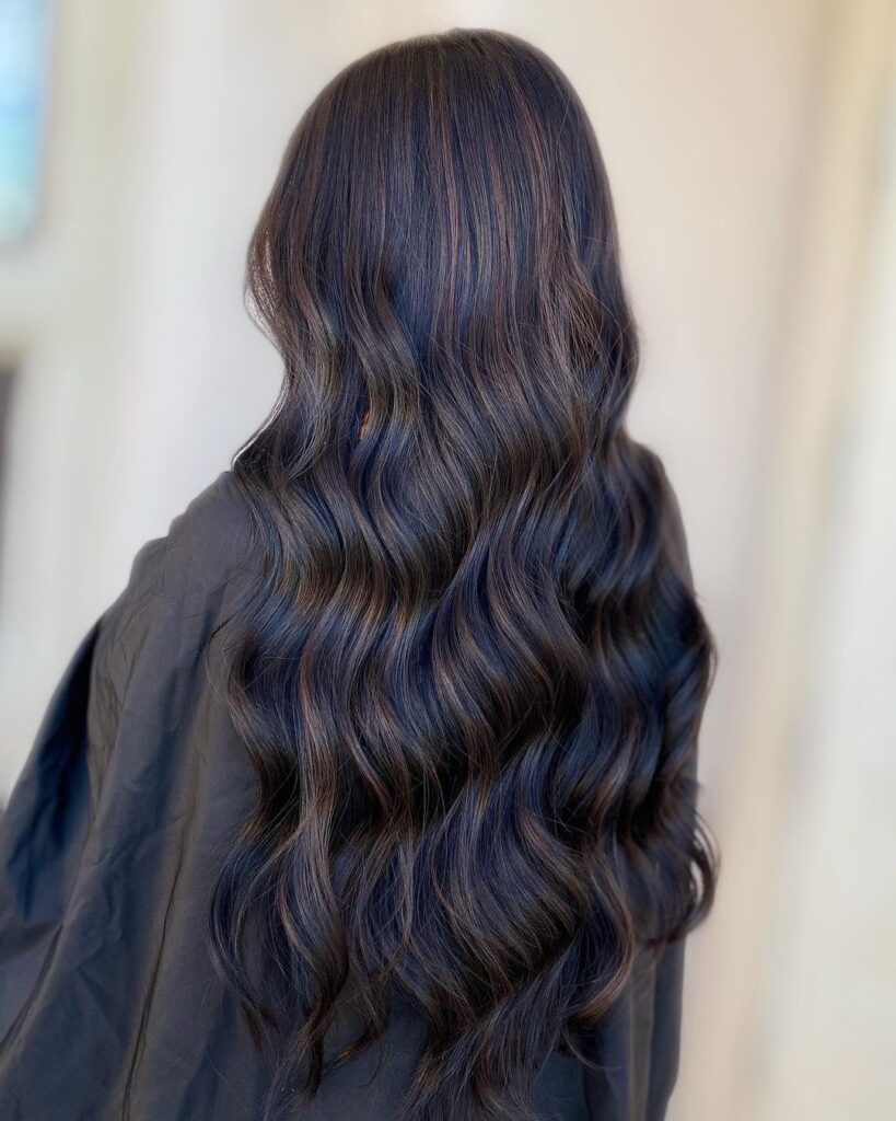 Long hair, layered cut, warm brown