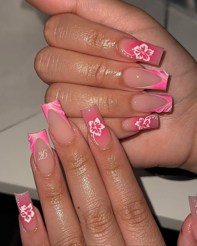 French manicure with neon pink tips