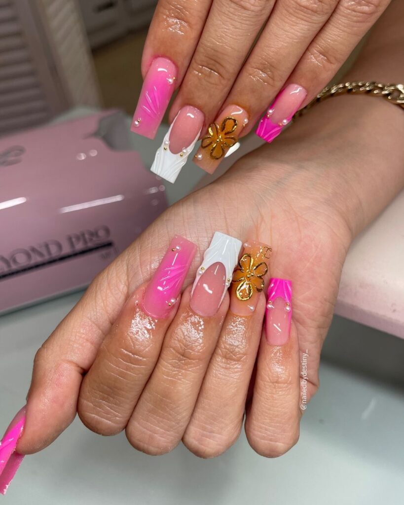 Bright pink square-shaped nails for prom