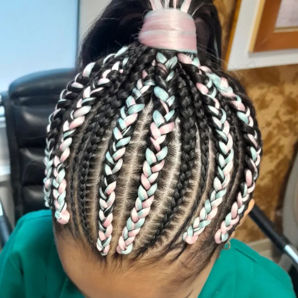 Box braids with woven ribbons, bridal