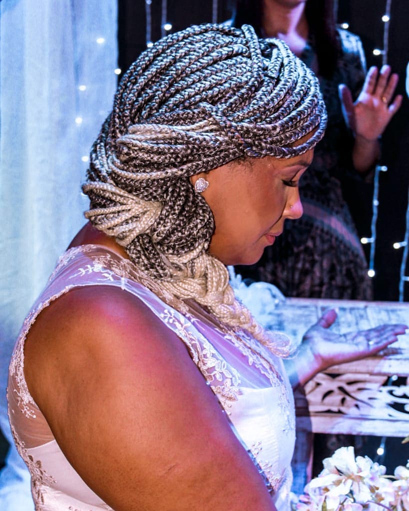 Thick, rope-like box braids, bridal style