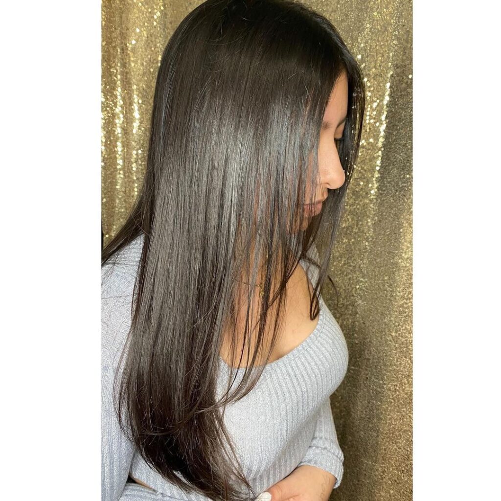 Hair with sharp, angled layered cuts
