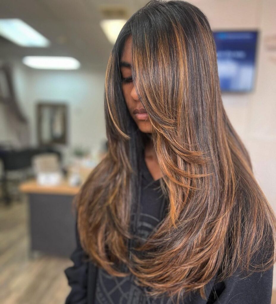 Hair with precise, angular layered cuts