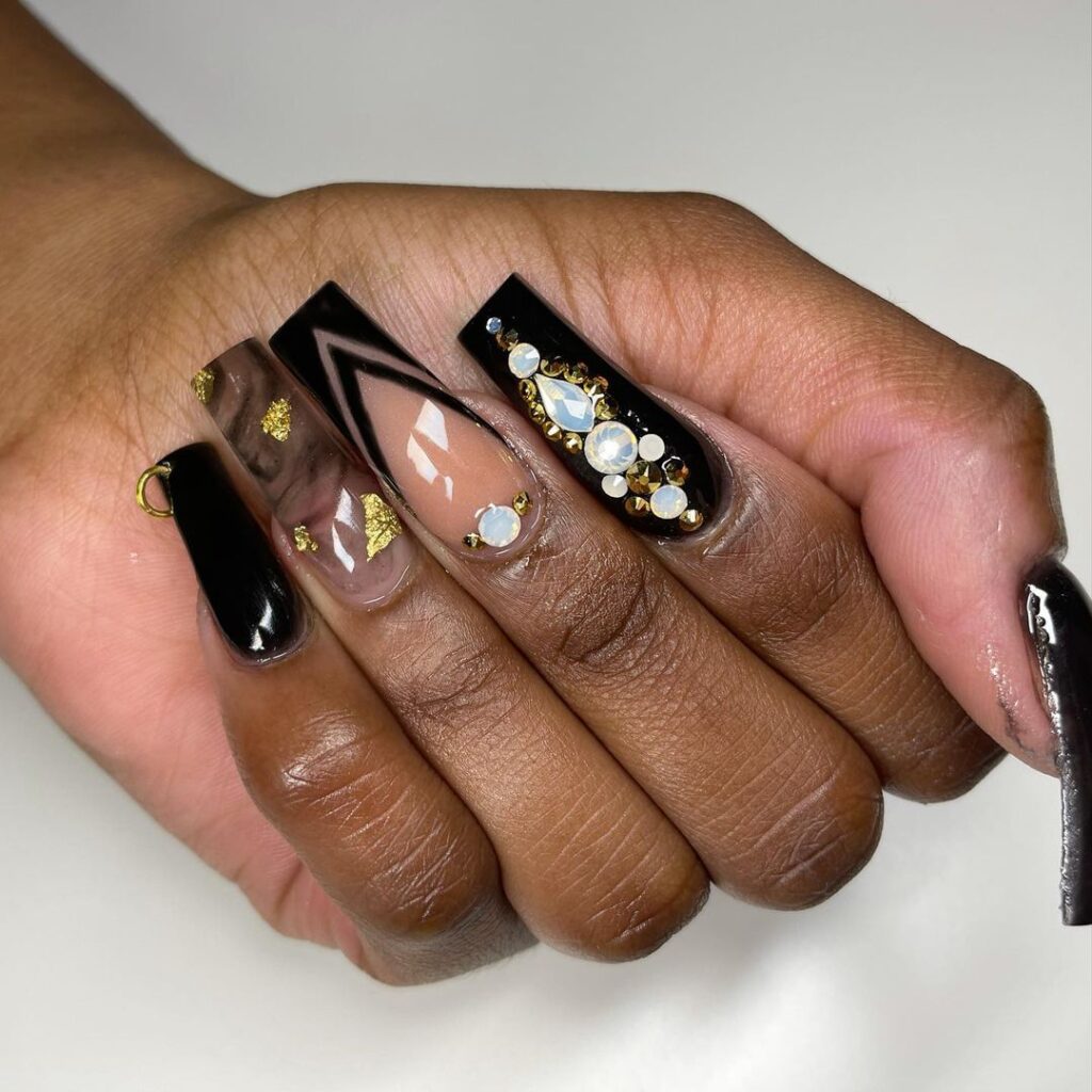 Black square nails with sparkly stones