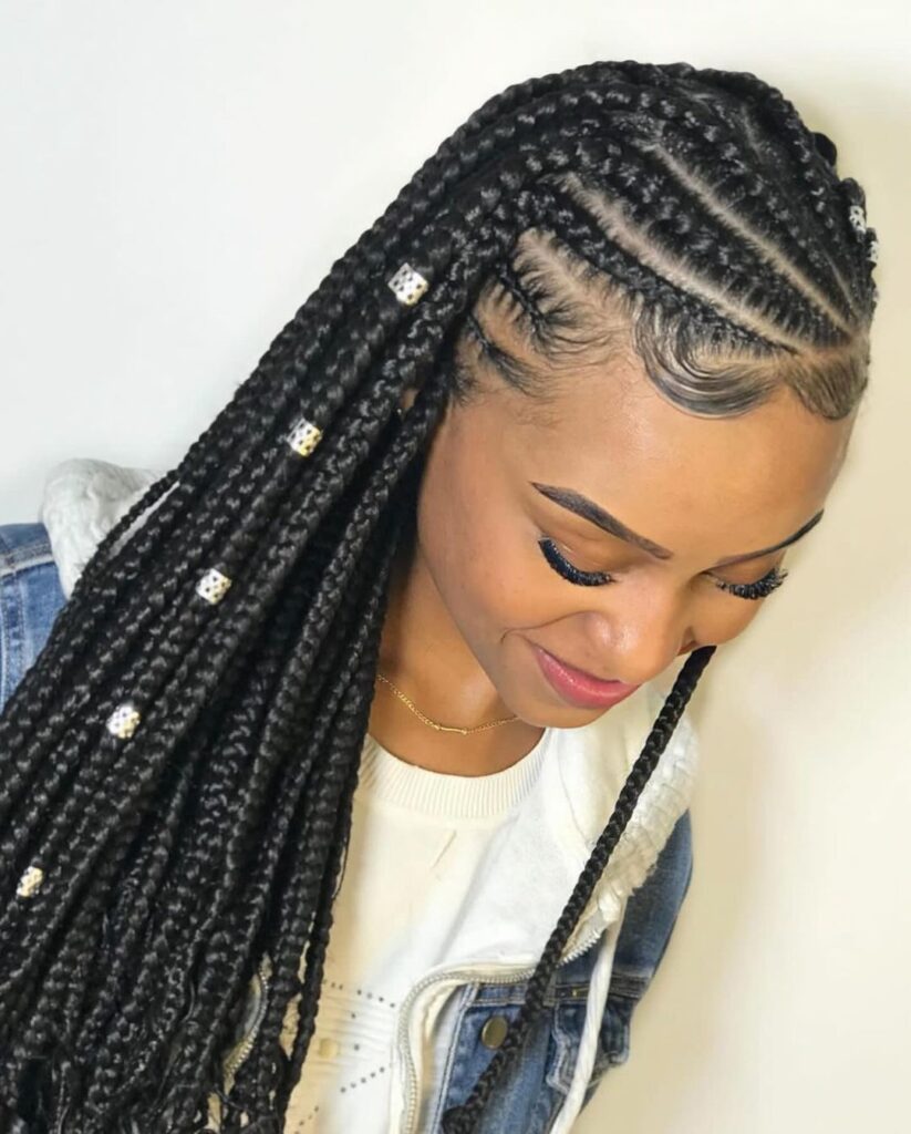 Intricate, ornate box braids, bridal glamour