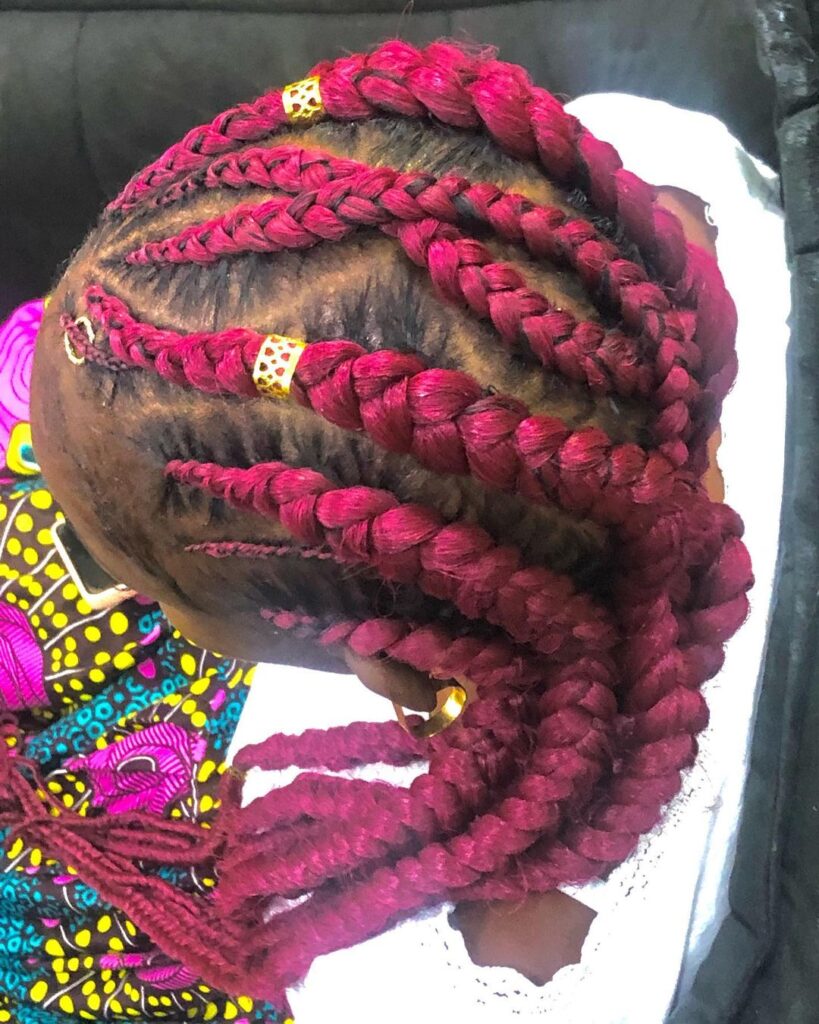 Chunky box braids with colorful threading