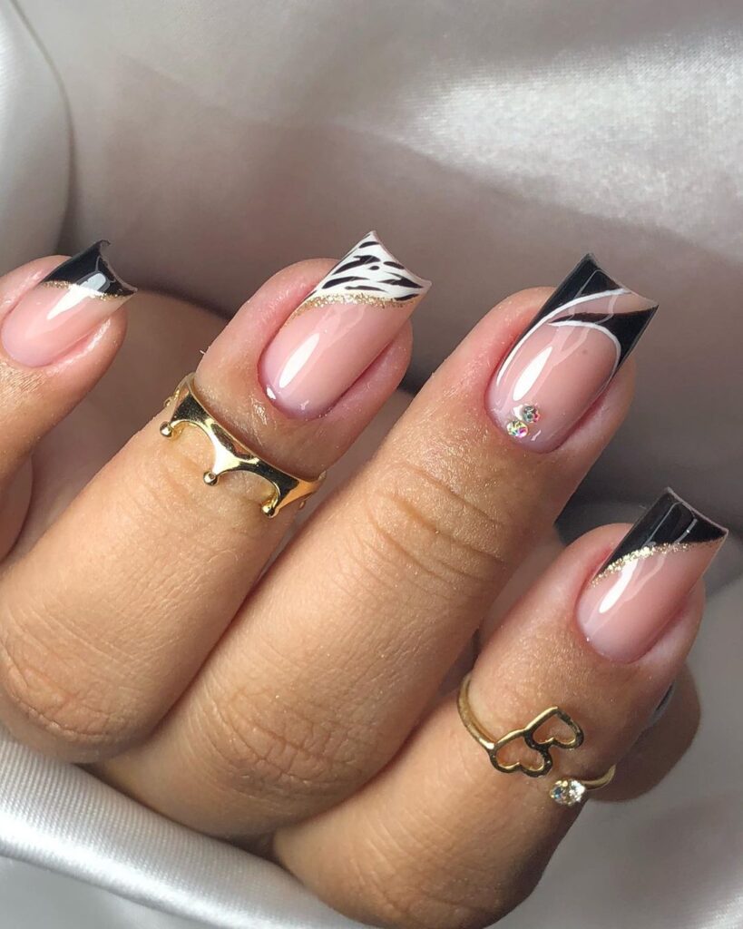 Black square nails with white zebra stripes