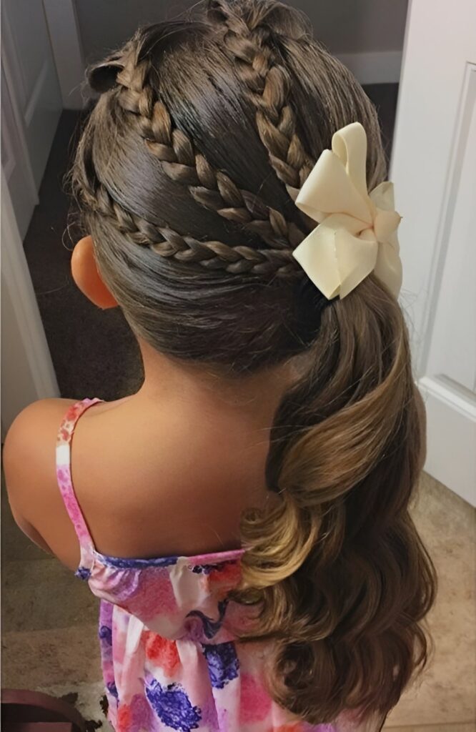 Double crown braid, side ponytail, bow accent