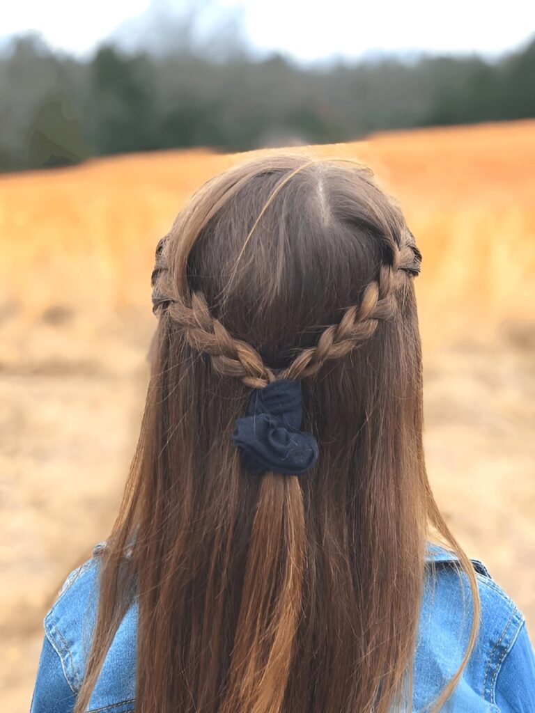 Half-up braided crown, loose hair, scrunchie