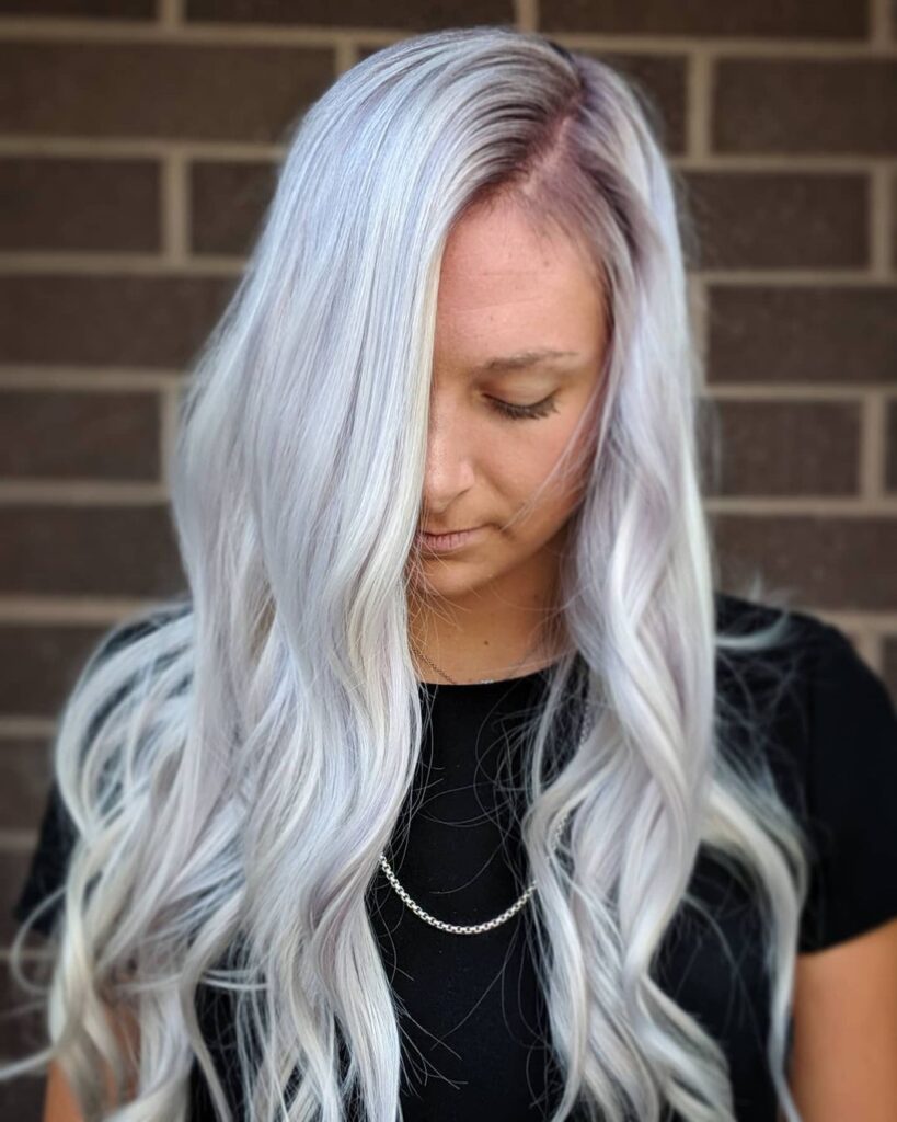 Long silver hair, wavy texture, platinum