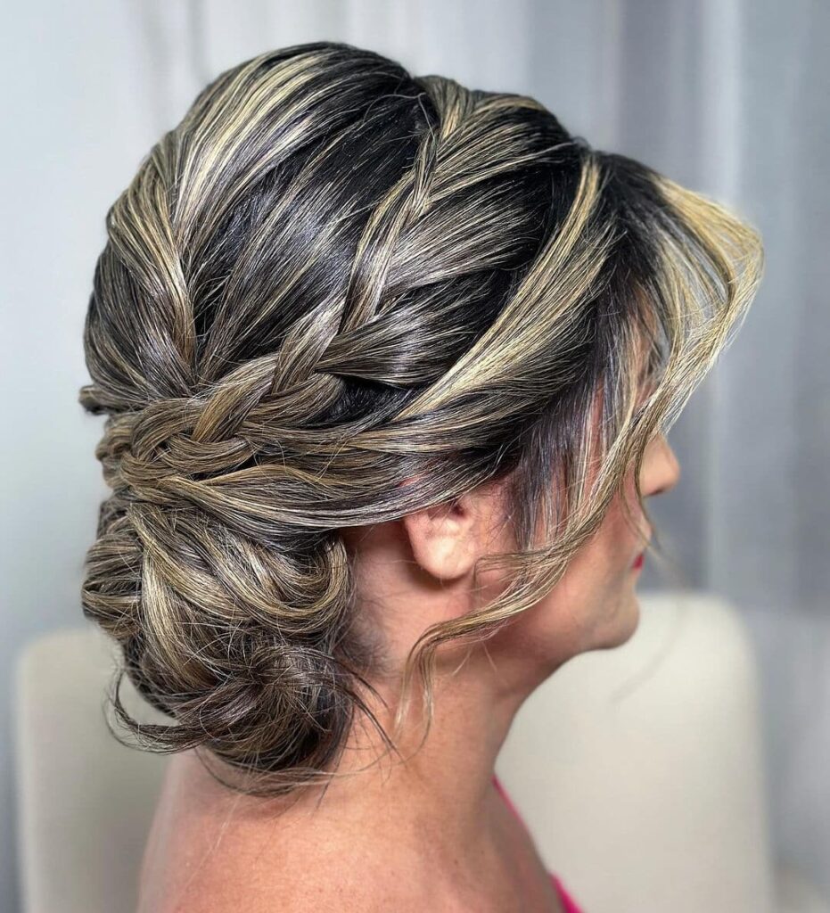 Braided updo with blonde highlights