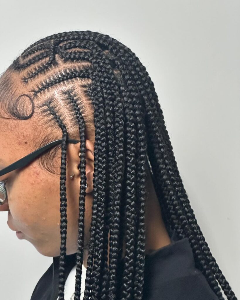 Cornrow-to-box braids, protective style, intricate design