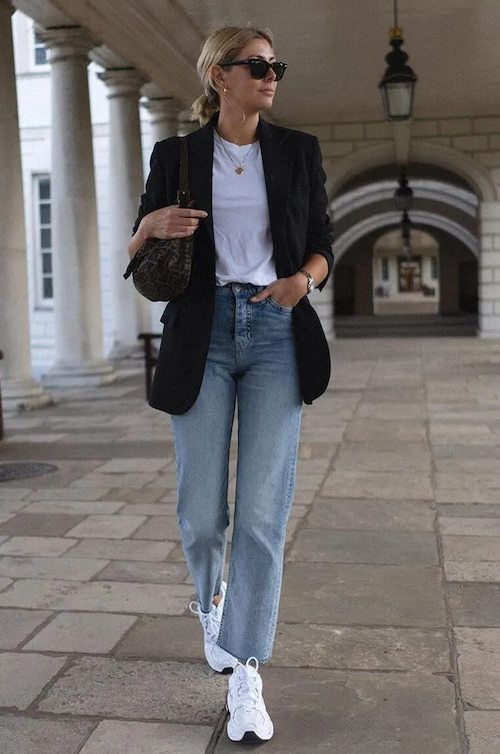 "Relaxed boyfriend blazers over denim jeans for a polished look."