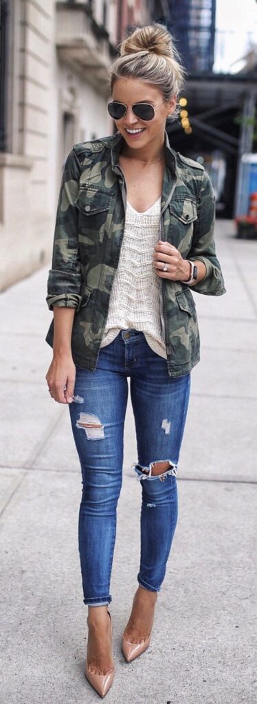"Stylish camo jackets paired with boyfriend jeans for a trendy edge."