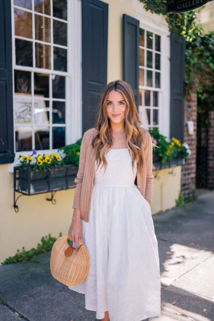"Soft cardigans layered over midi dresses for effortless elegance."