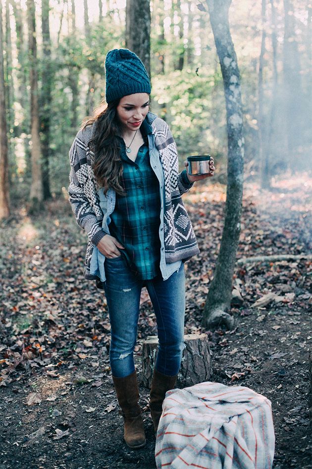 Casual chambray paired with knit beanies.