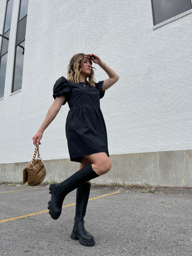 "Bold chunky booties worn with A-line dresses for a fashionable look."