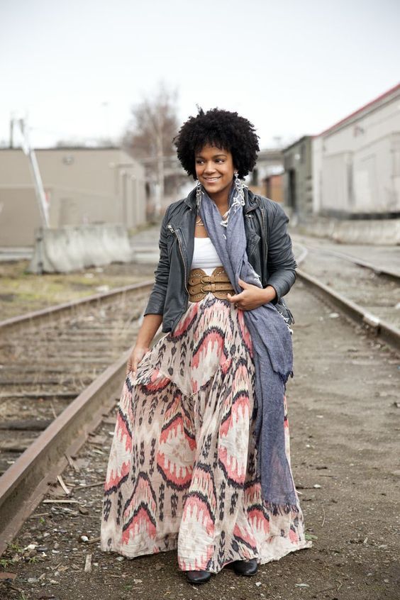 "Timeless denim jacket paired with a flowing maxi skirt for a relaxed vibe."