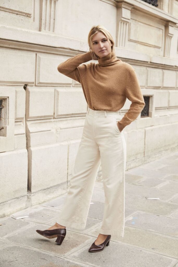 Cream turtlenecks with cozy corduroy pants.