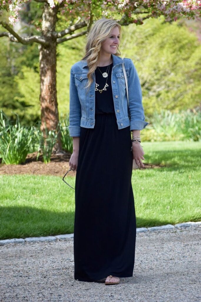 "Timeless denim jackets over maxi dresses for a chic transition."