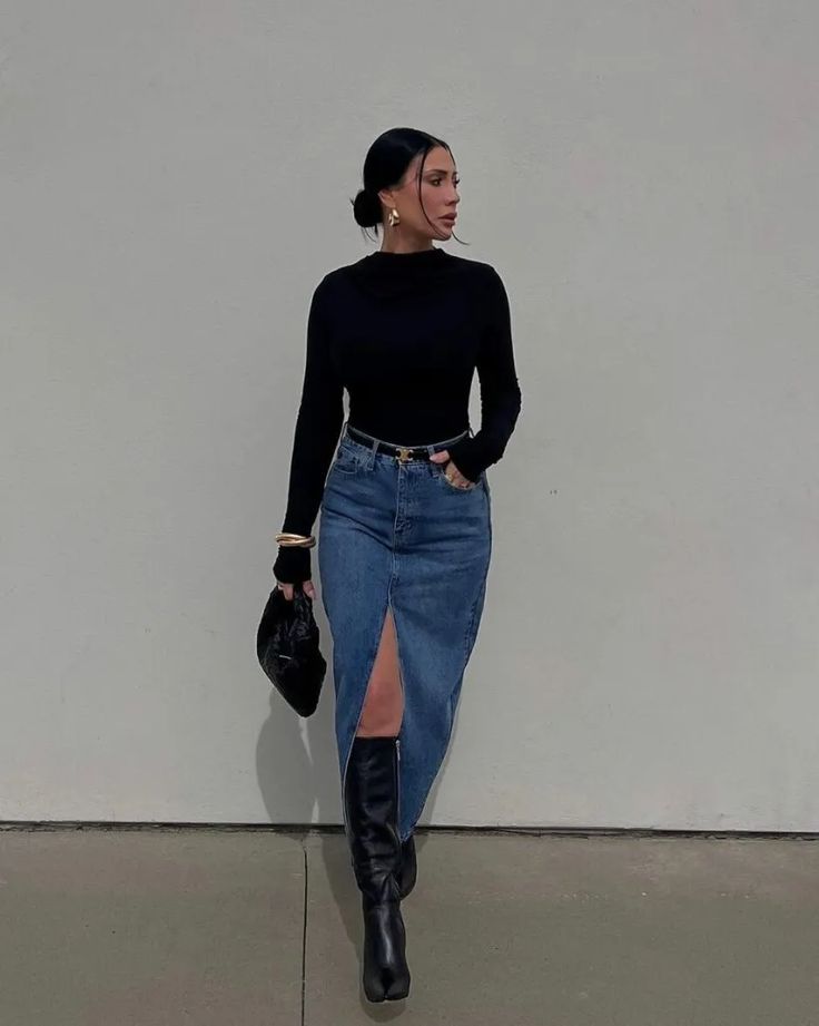 "Classic denim skirt matched with a cozy turtleneck for a chic look."