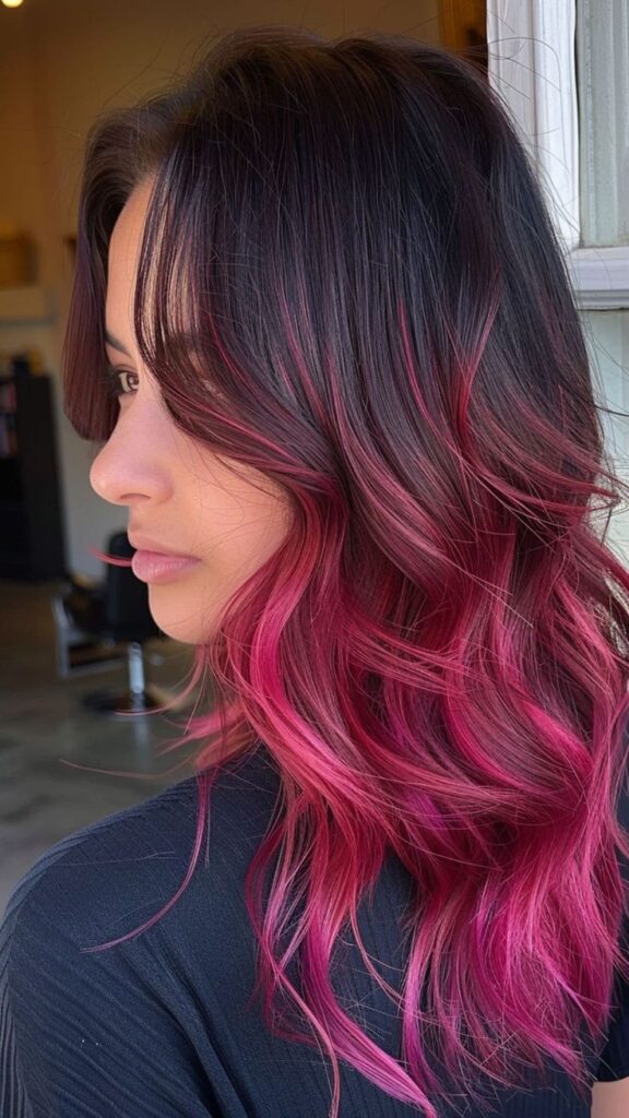 Fun Fuchsia Highlights on Dark Hair
