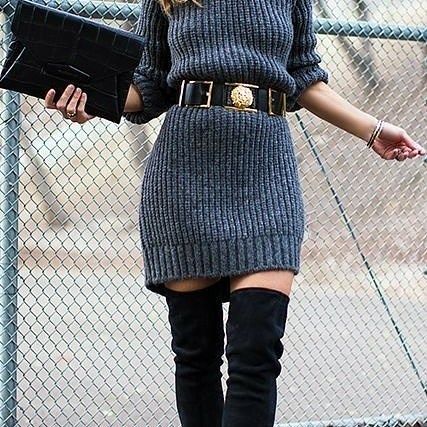 "Stylish knit dress cinched at the waist with a belt for a flattering fit."