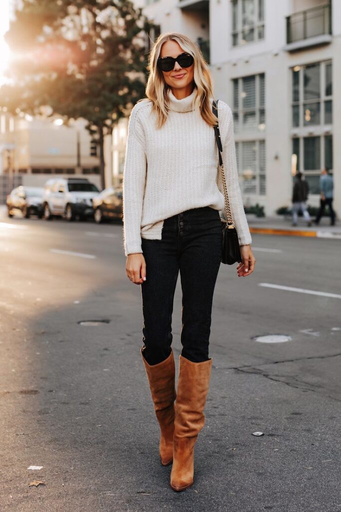 Cozy knit sweaters paired with boots.