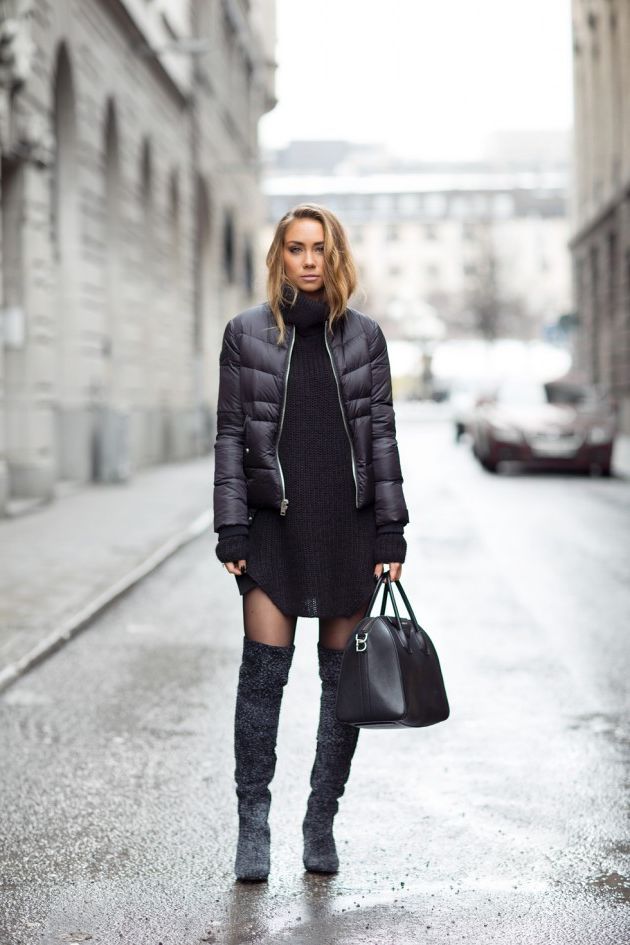 "Functional lightweight parkas layered over knit dresses for fall."