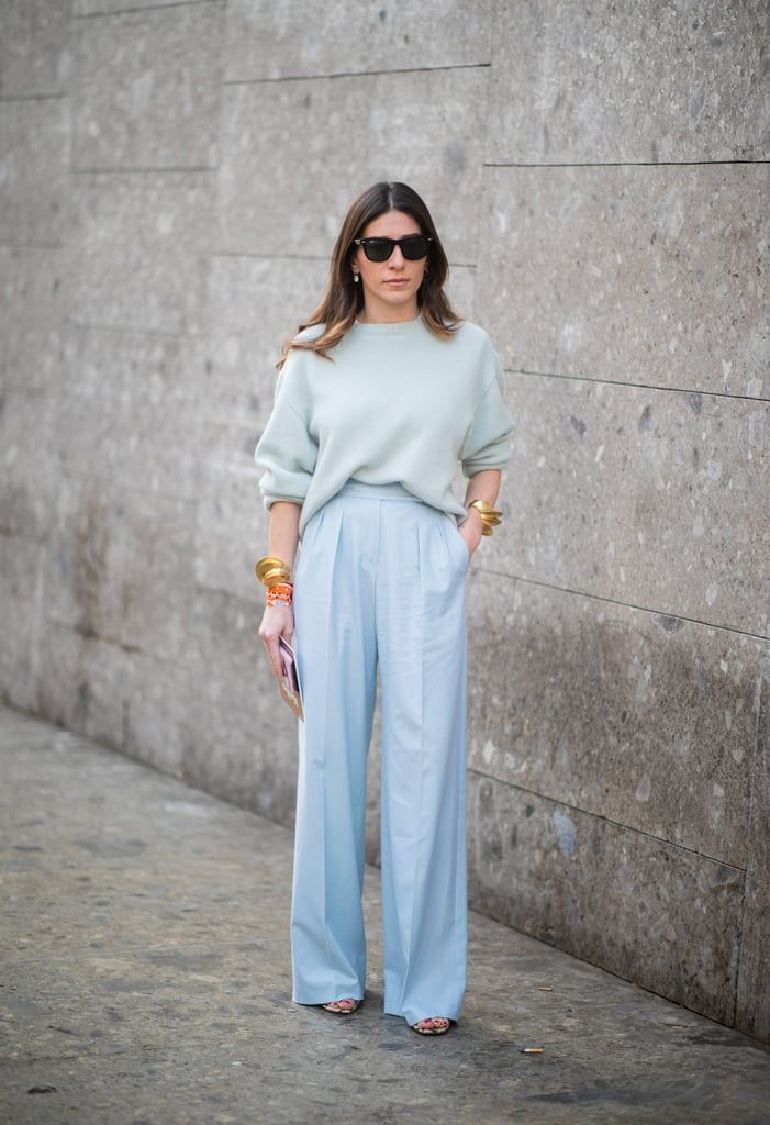 "Stylish lightweight sweaters paired with palazzo pants for a breezy look."