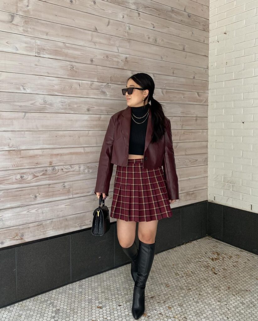 Stylish maroon dresses with leather jackets.
