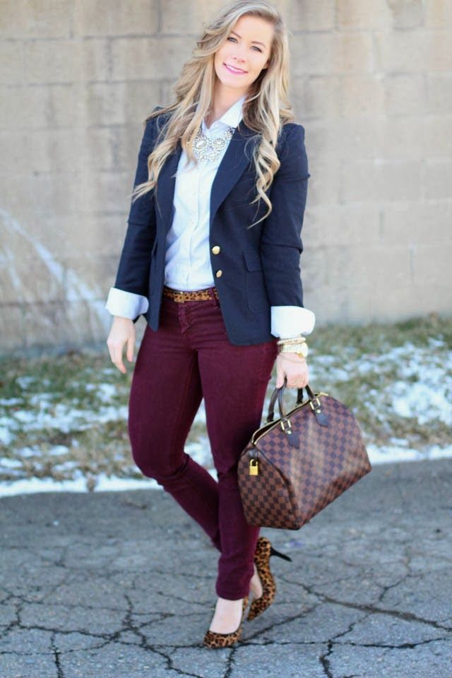 Layered navy blue and maroon outfits.